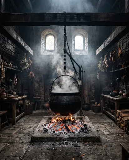 Steaming Cauldron in Dark Medieval Kitchen