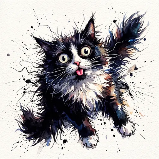 Frizzy Tuxedo Cat Watercolor Illustration