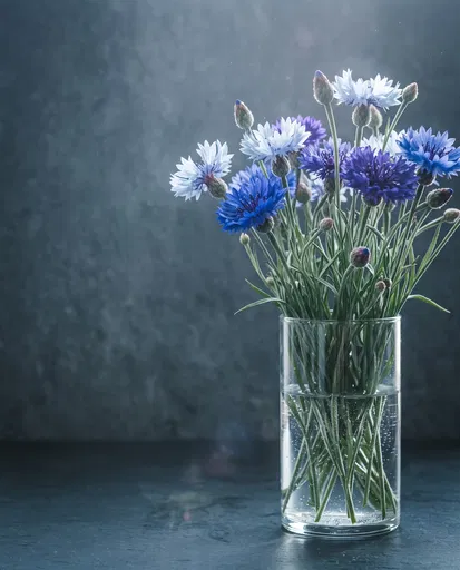 Blue Cornflowers in Clear Glass Vase