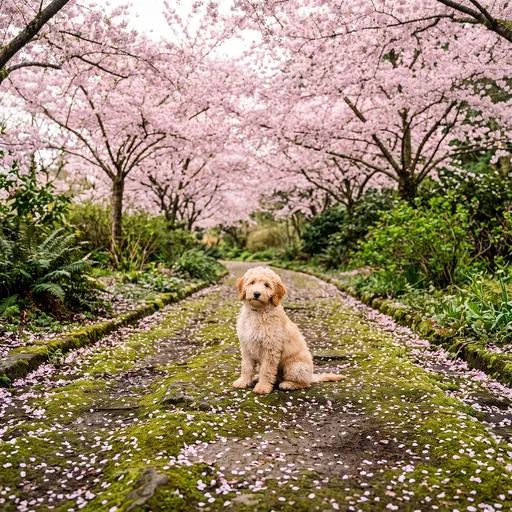 Goldendoodle Puppy Under Cherry Blossoms