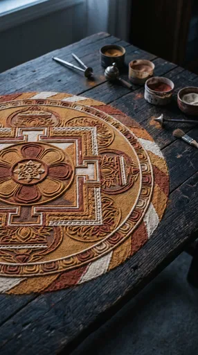 Earthy Sand Mandala on Dark Wood Table
