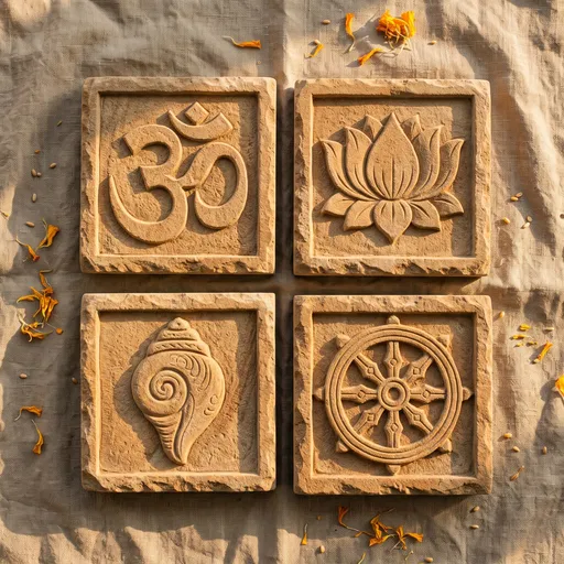 Carved Sandstone Hindu Symbols Flat Lay