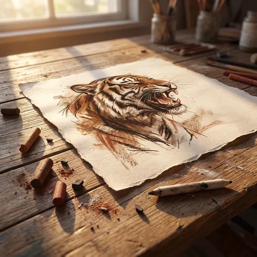 Pastel Tiger Drawing on Wooden Desk
