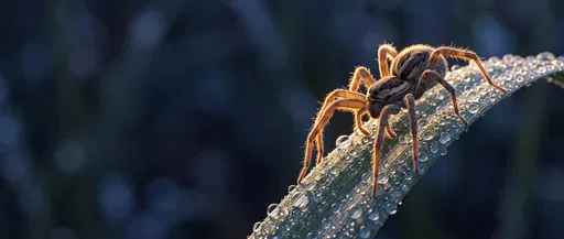 Spider on Dewy Grass Blade