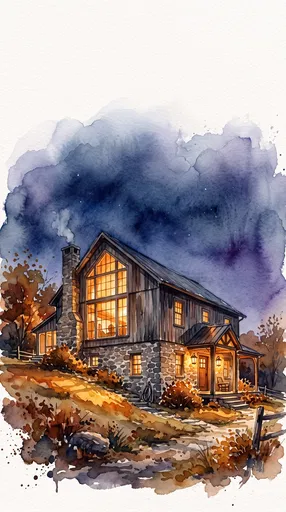 Watercolor Illustration of Cozy Barn Home