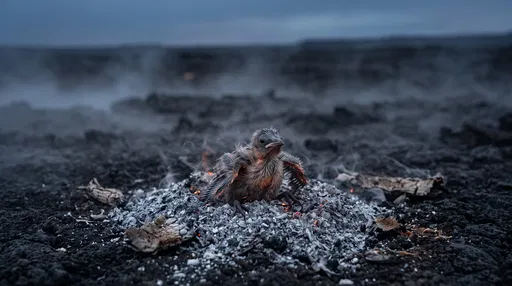Newborn Phoenix Chick Emerging from Smoldering Ash