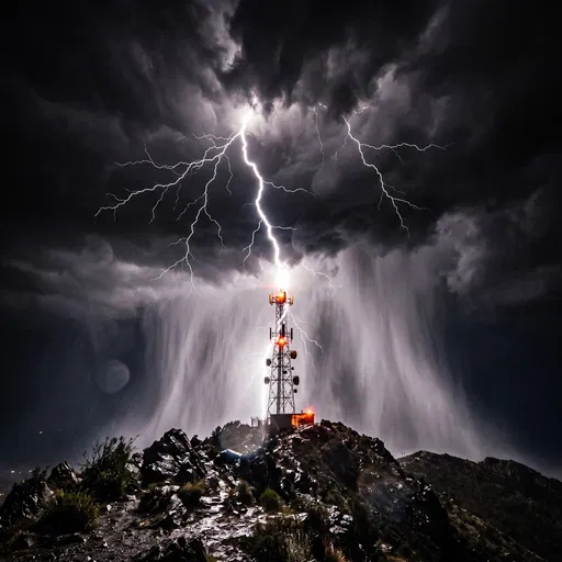 Lightning Striking Mountain Communication Tower at Night