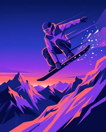 Geometric Snowboarder Mid-Air Grab Over Mountains
