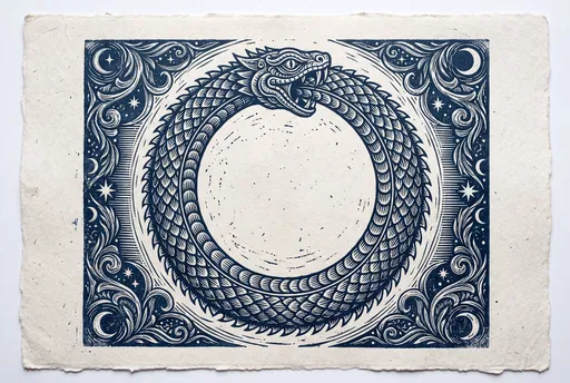 Blue Linocut Ouroboros Print on Paper