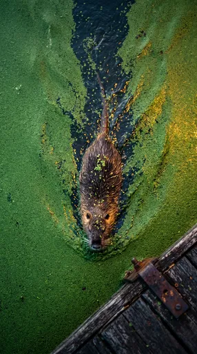 Nutria Swimming Through Green Duckweed
