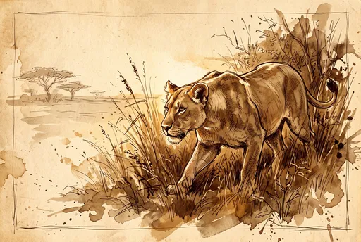 Sepia Ink Illustration of Stalking Lioness
