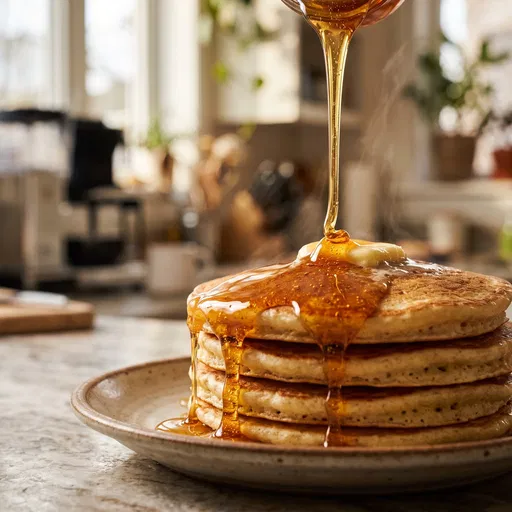 Golden Syrup Pouring Over Fluffy Pancakes
