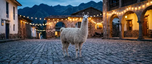 White Llama in Mountain Village at Twilight