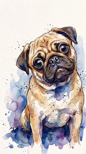 Watercolor and Ink Fawn Pug Portrait