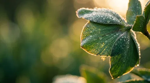 Dew Covered Green Leaves in Sunlight