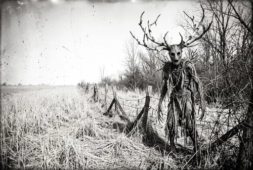 Monochrome Folk Horror Antlered Creature in Field