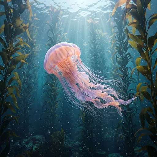 Pastel Jellyfish in Sunlit Kelp Forest