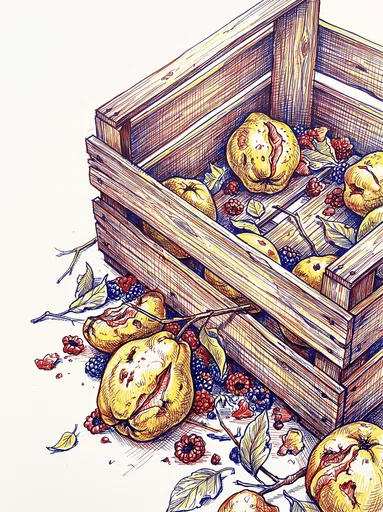 Colored Ink Drawing of Quince Crate