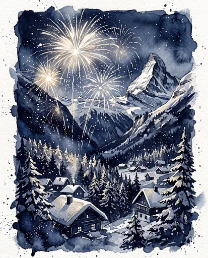Watercolor Alpine Village with Fireworks