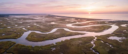Aerial Sunrise Over Coastal Salt Marsh