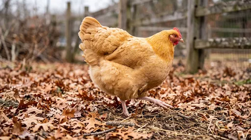 Buff Orpington Hen Walking on Leaves