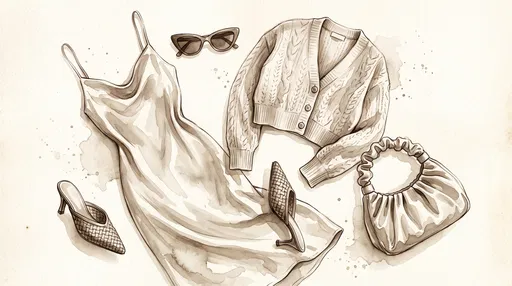 Sepia Watercolor Flat-Lay of Women's Fashion