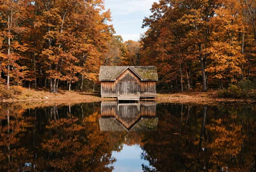 Rustic Boathouse Reflected in Autumn Pond
