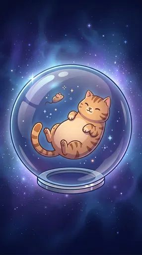 Cartoon Cat Floating in Glass Space Helmet