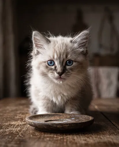Fluffy Kitten Behind Wooden Milk Saucer