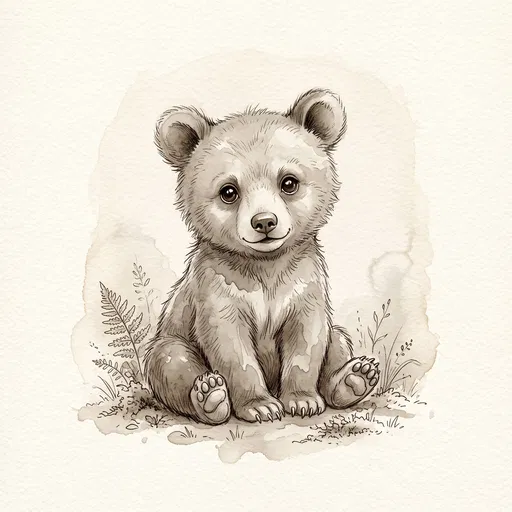 Sepia Watercolor Woodland Bear Cub Illustration