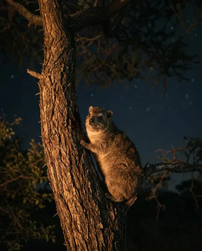 Tree Hyrax on Trunk at Night