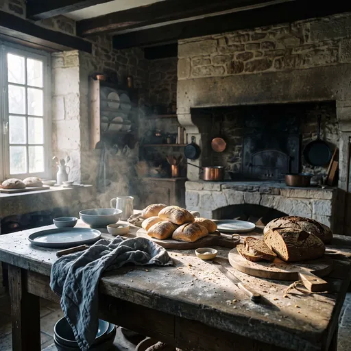 Rustic Kitchen Table With Fresh Artisan Bread
