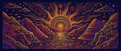 Folk Art Midnight Sun Over Fjords