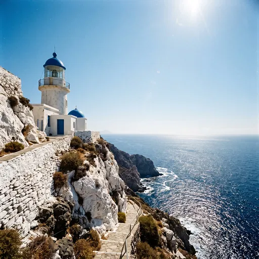 Blue Domed Lighthouse on Coastal Cliff