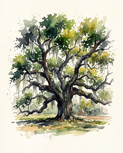 Watercolor Southern Live Oak Tree Illustration