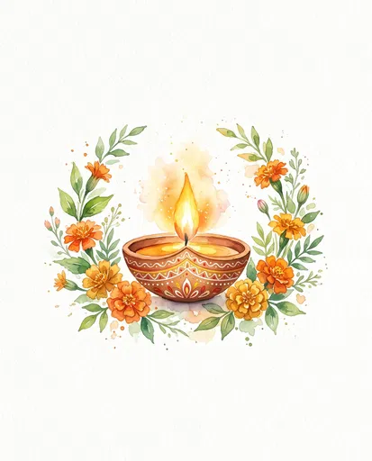 Watercolor Diya Lamp with Marigold Wreath