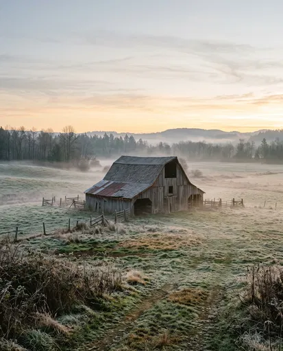 Weathered Wooden Barn in Frosty Morning Meadow