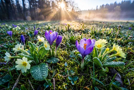 Purple Crocuses and Primroses in Morning Meadow