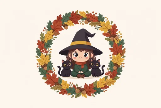 Cute Chibi Witch Inside Autumn Wreath
