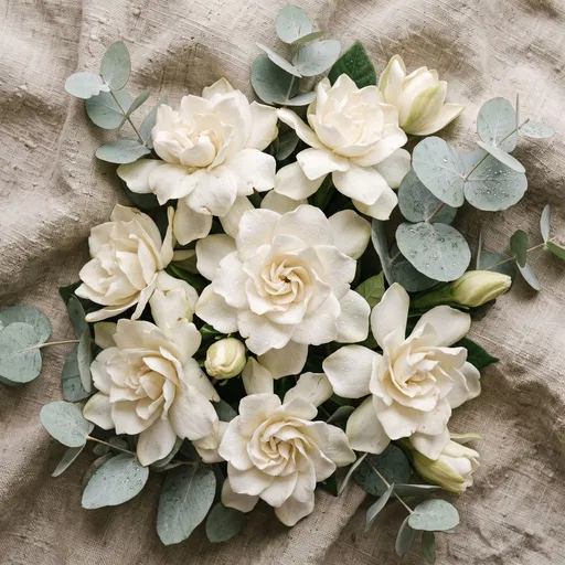 White Gardenias and Eucalyptus on Linen