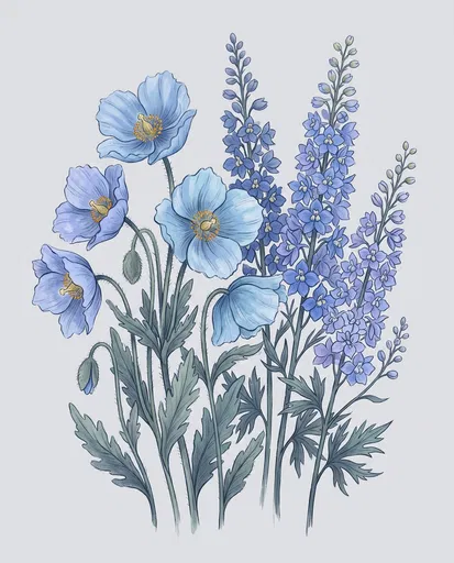 Blue Poppies and Delphinium Botanical Illustration