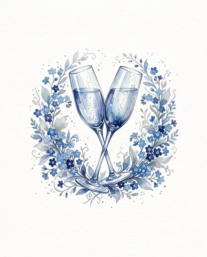 Watercolor Champagne Flutes in Blue Floral Wreath