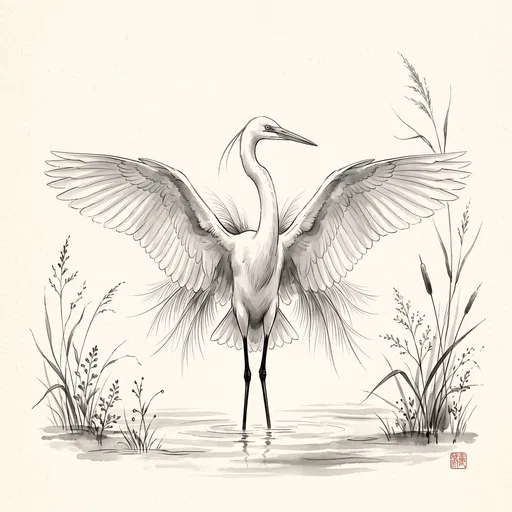 Monochrome Ink Illustration of Great Egret