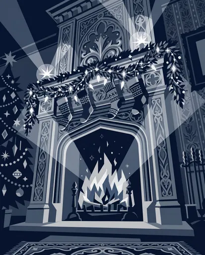 Monochrome Blue Victorian Christmas Fireplace Illustration