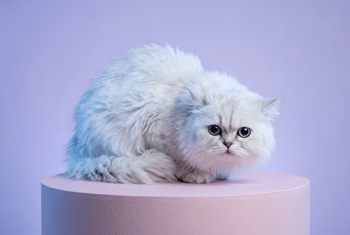Fluffy White Cat on Pink Pedestal