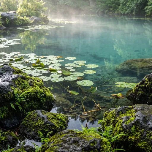 Misty Turquoise Lily Pond and Mossy Boulders