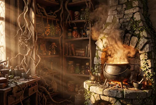 Bubbling Cauldron in Sunlit Apothecary Hearth