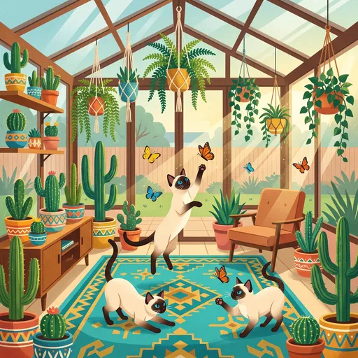 Siamese Cats Chasing Butterflies in Sunroom