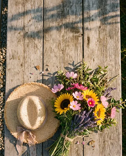 Straw Hat and Summer Bouquet on Wood