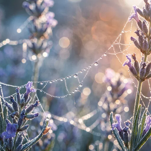 Dewdrops on Spiderweb Over Lavender Stems